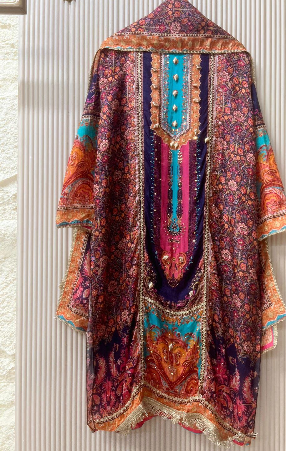 Organza silk semi stitched printed with gota embellishments unstitched set
