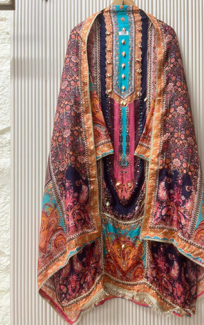 Organza silk semi stitched printed with gota embellishments unstitched set