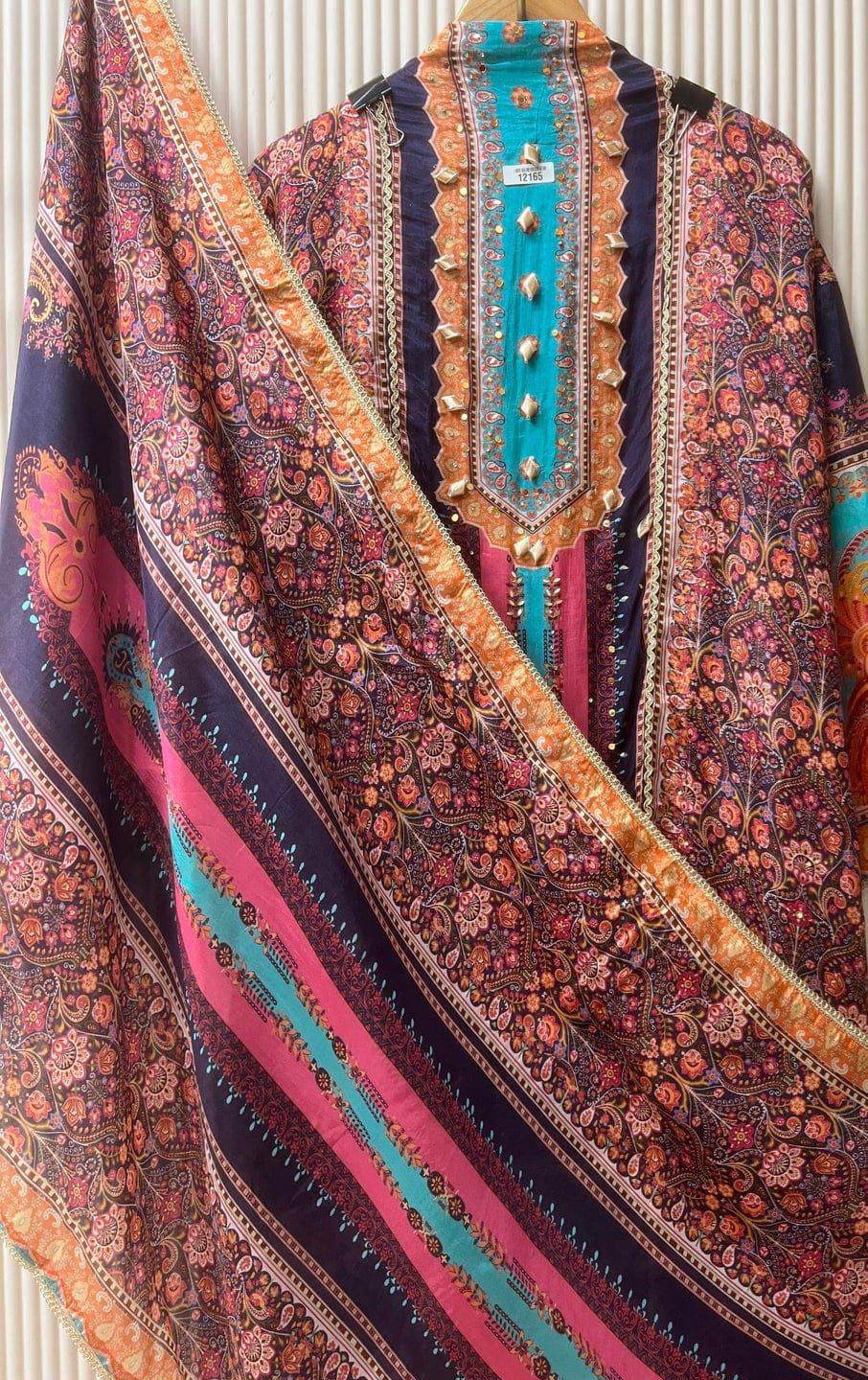 Organza silk semi stitched printed with gota embellishments unstitched set