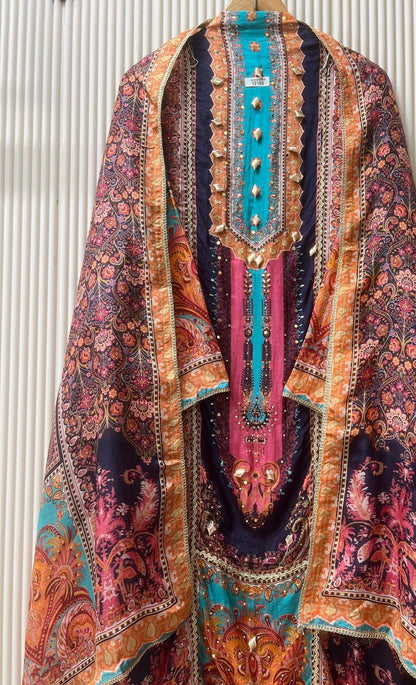 Organza silk semi stitched printed with gota embellishments unstitched set