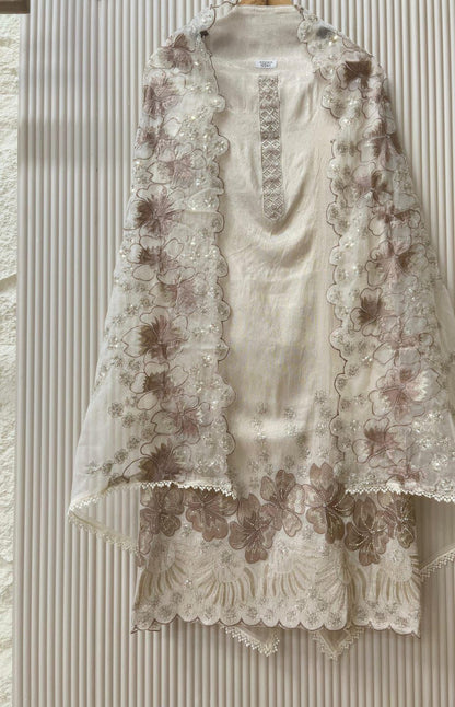 Ivory Tissue Shimmer Silk Embroidered Unstitched 3-Piece Suit
