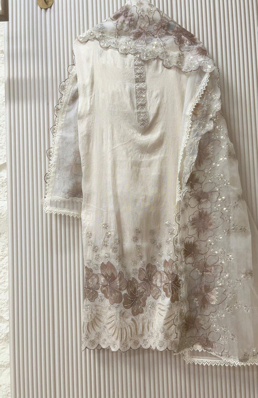 Ivory Tissue Shimmer Silk Embroidered Unstitched 3-Piece Suit