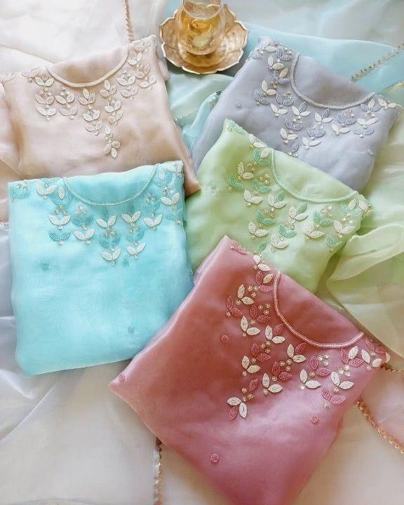 Organza pearl multi unstitched suit set