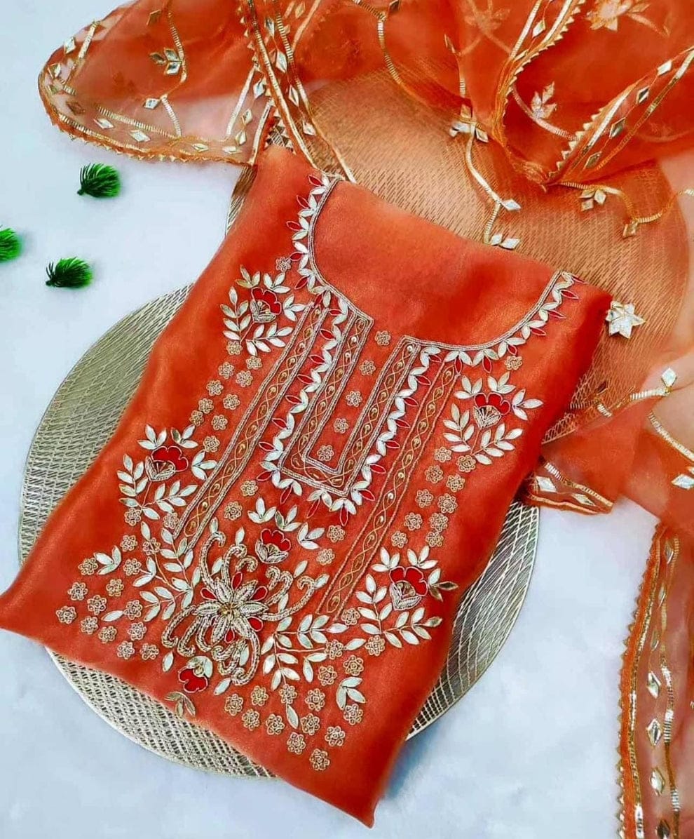 Orange handwork with  jaal kachi patti dupatta