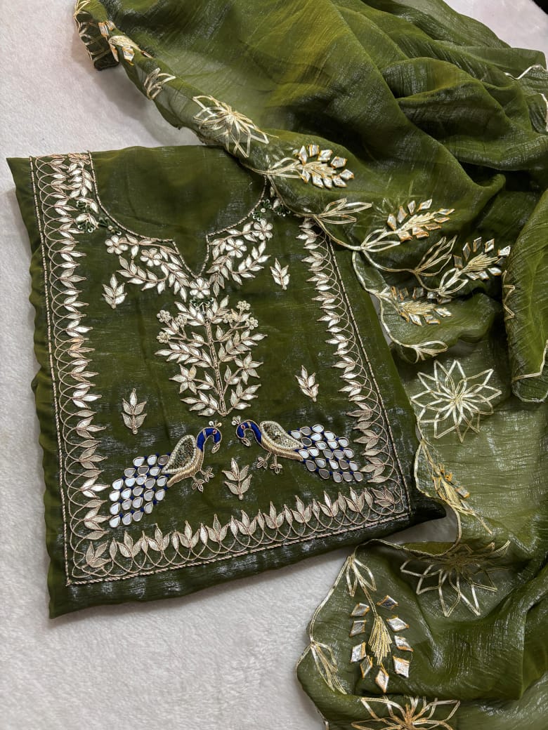 Brown Green Crush tissue peacock handwork unstitched suit