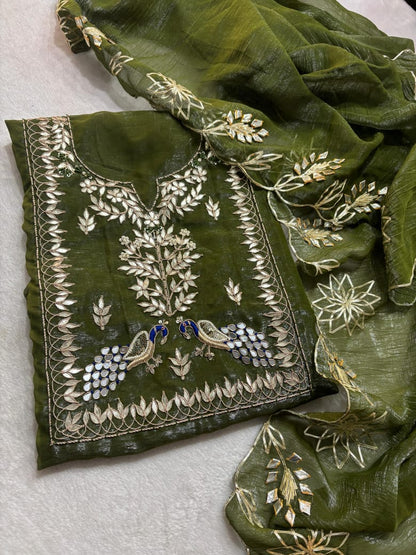 Brown Green Crush tissue peacock handwork unstitched suit