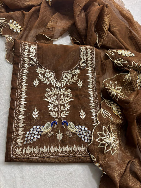 Brown Green Crush tissue peacock handwork unstitched suit
