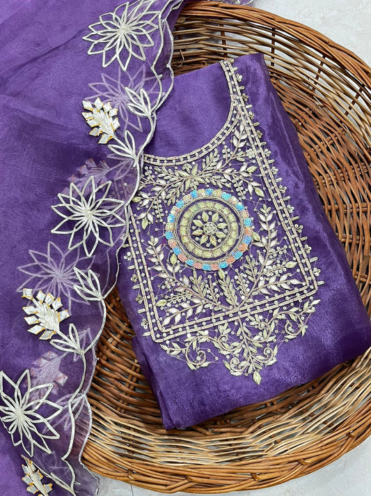 Beige Purple Blue organza with zardogi handwork