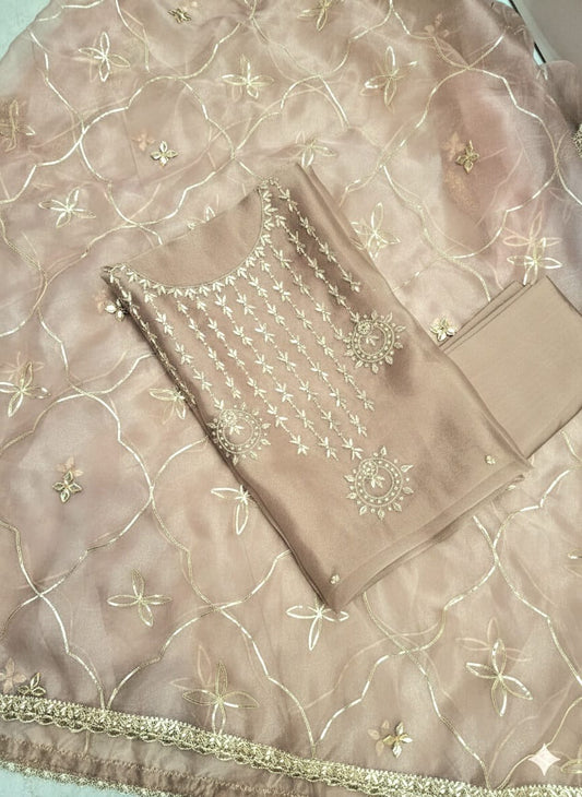 Beige Organza with heavy jaal gota dupatta