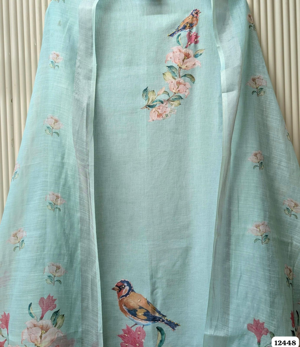 Aqua Blue Linen Cotton Printed Unstitched 3-Piece Suit