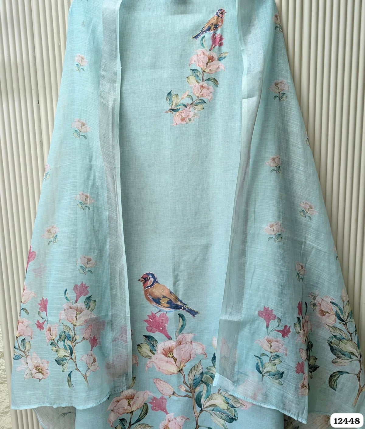 Aqua Blue Linen Cotton Printed Unstitched 3-Piece Suit