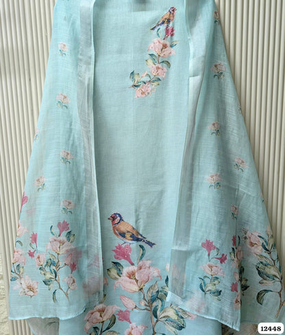 Aqua Blue Linen Cotton Printed Unstitched 3-Piece Suit