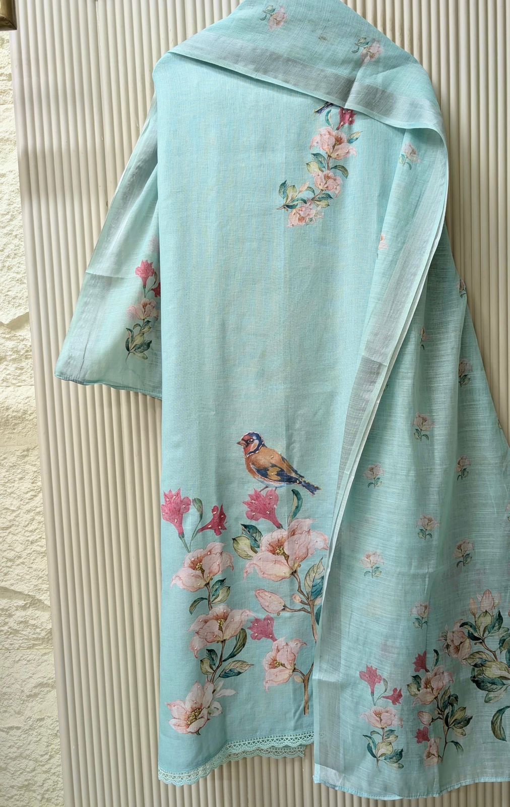 Aqua Blue Linen Cotton Printed Unstitched 3-Piece Suit