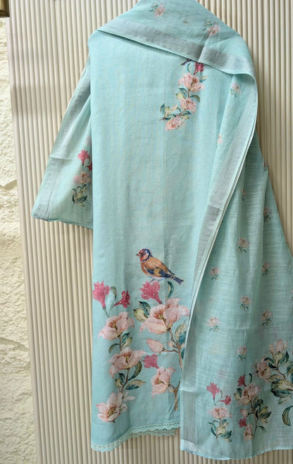 Aqua Blue Linen Cotton Printed Unstitched 3-Piece Suit