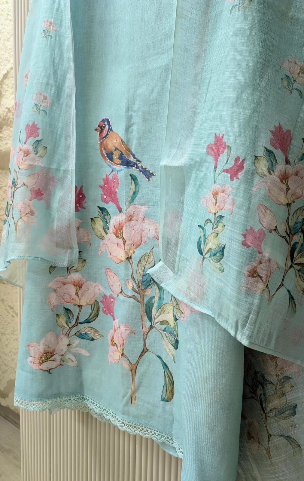 Aqua Blue Linen Cotton Printed Unstitched 3-Piece Suit
