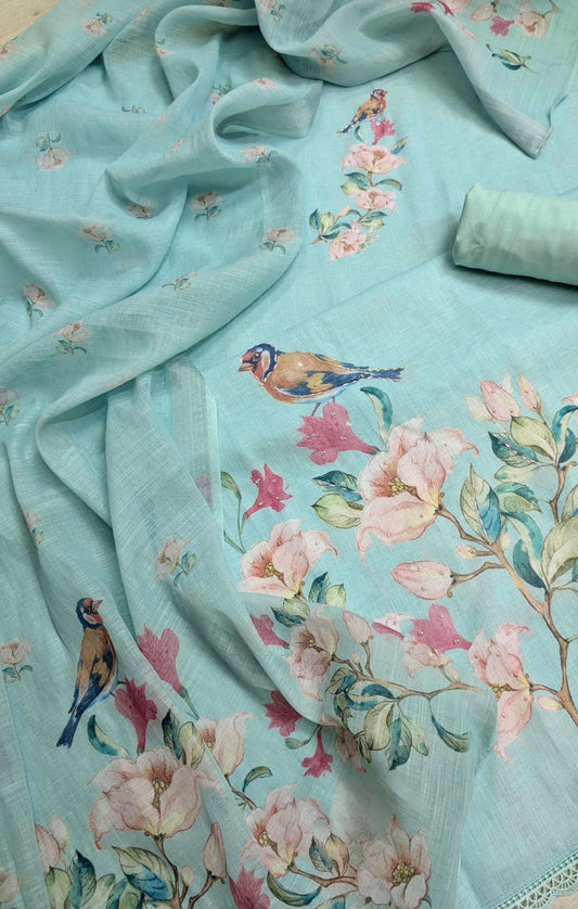Aqua Blue Linen Cotton Printed Unstitched 3-Piece Suit