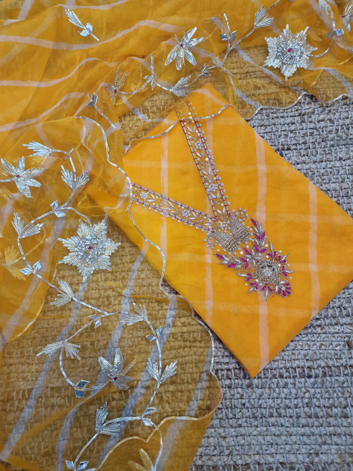 Organza lehariya heavy jardoz work kurti with organza lehariya gotta work duppata