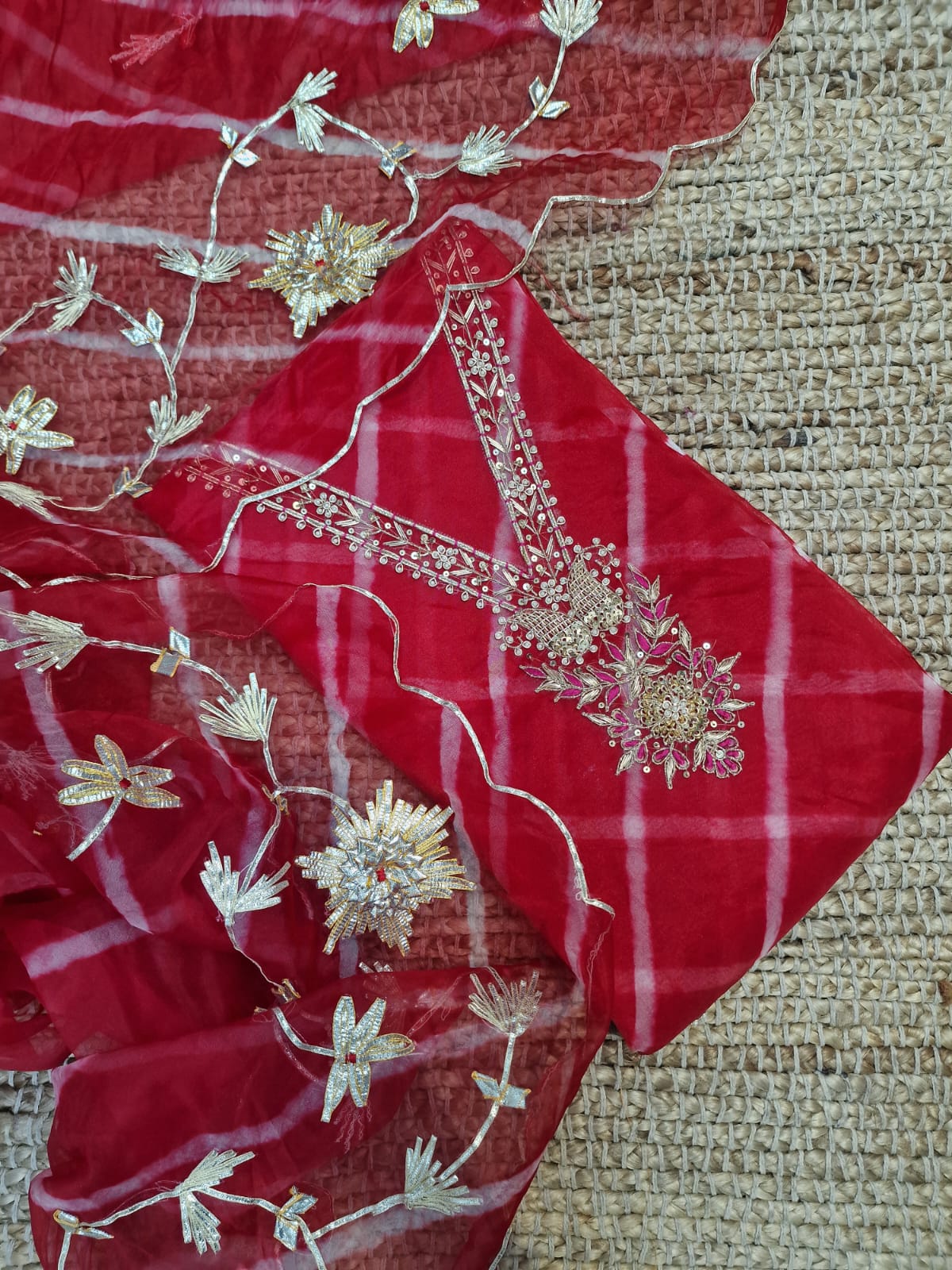 Organza lehariya heavy jardoz work kurti with organza lehariya gotta work duppata