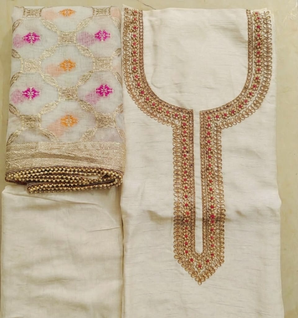 Chanderi heavy pearl gotta work kurti with banrasi silk heavy dupatta and bottom