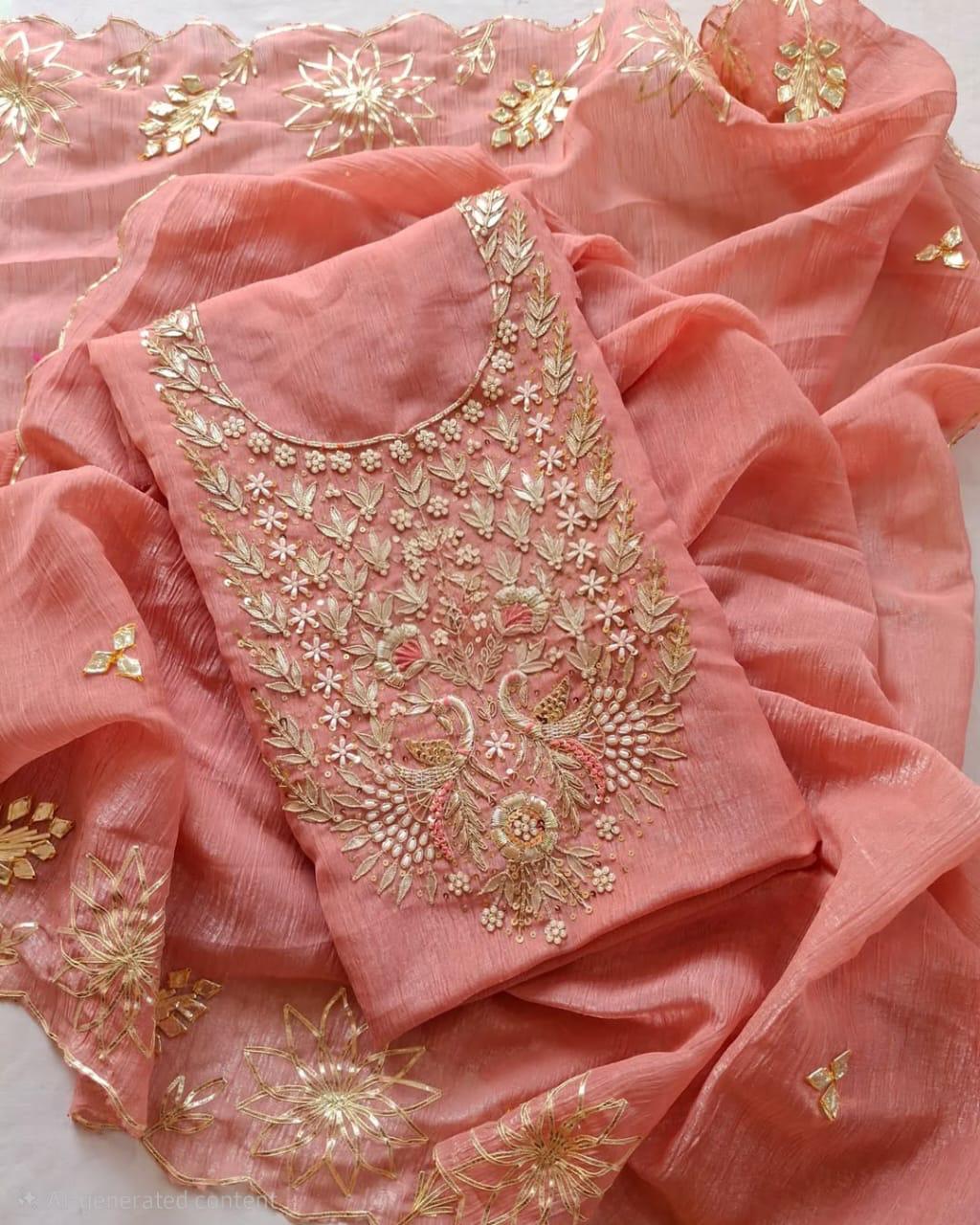 Pure crush tissue new fabric jardoz work kurta with crepe crush gotta cut work dupatta