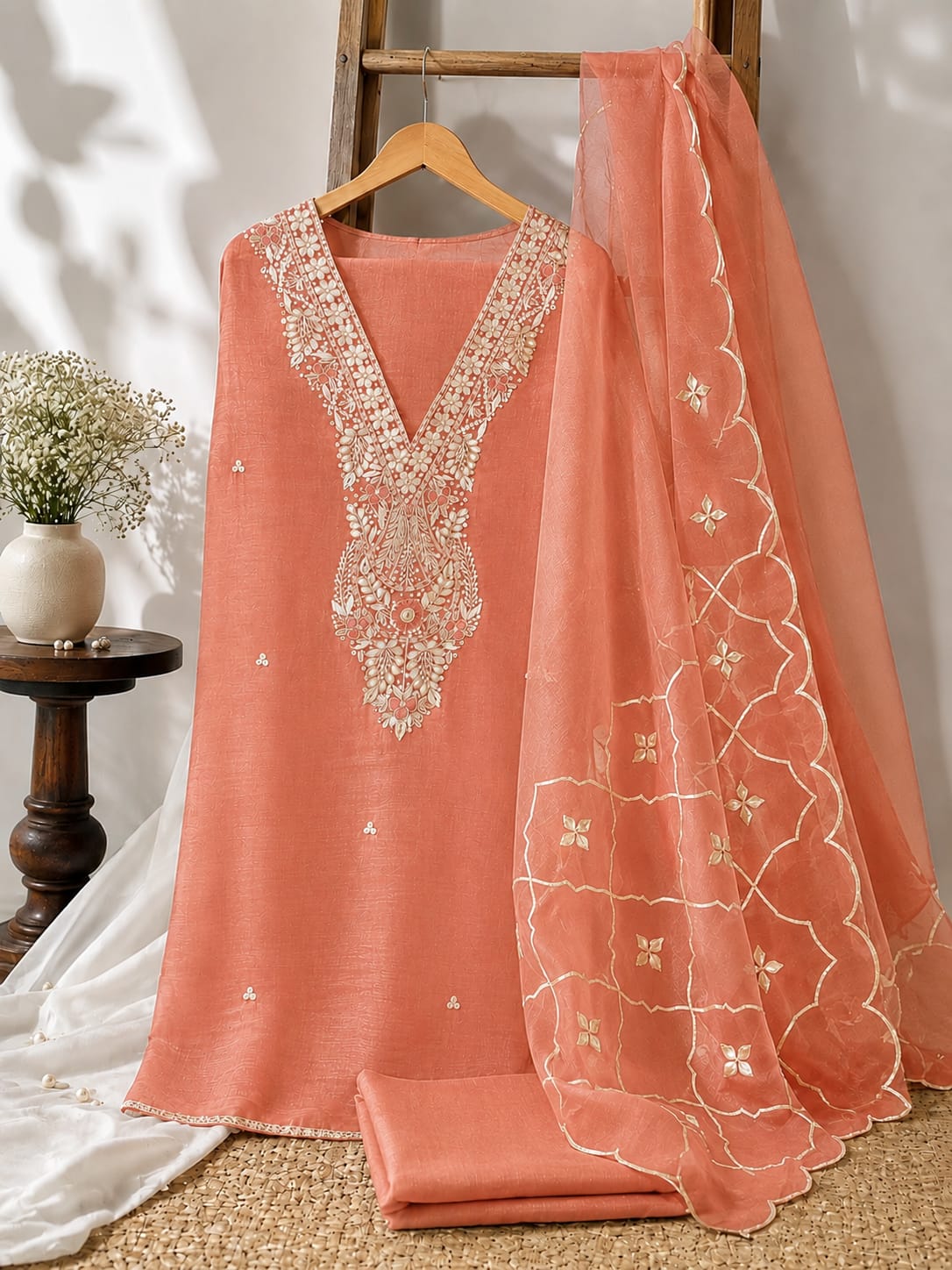 Crush tissue fabric heavy jardoz work kurta with crush tissue gotta work dupatta