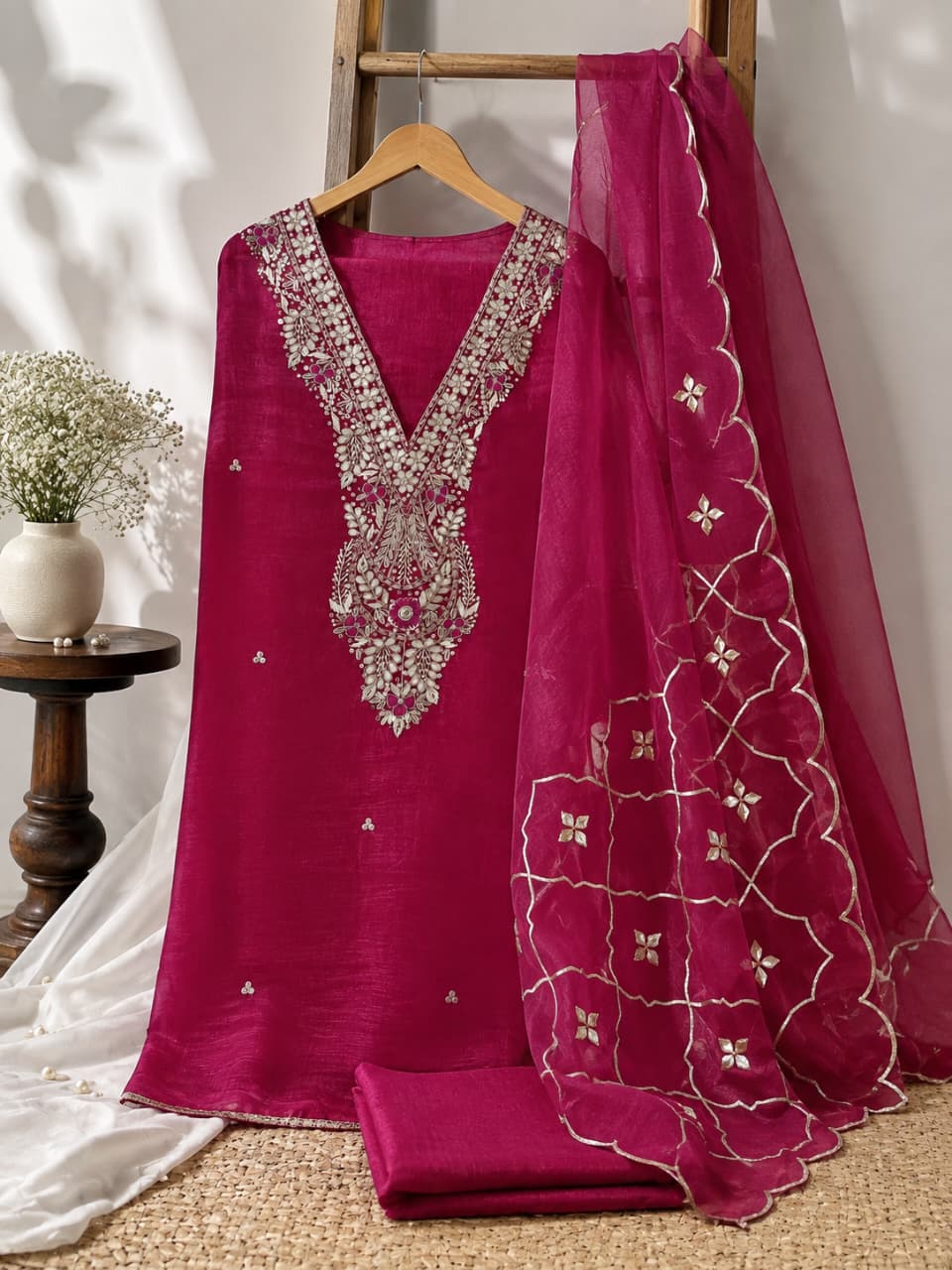 Crush tissue fabric heavy jardoz work kurta with crush tissue gotta work dupatta