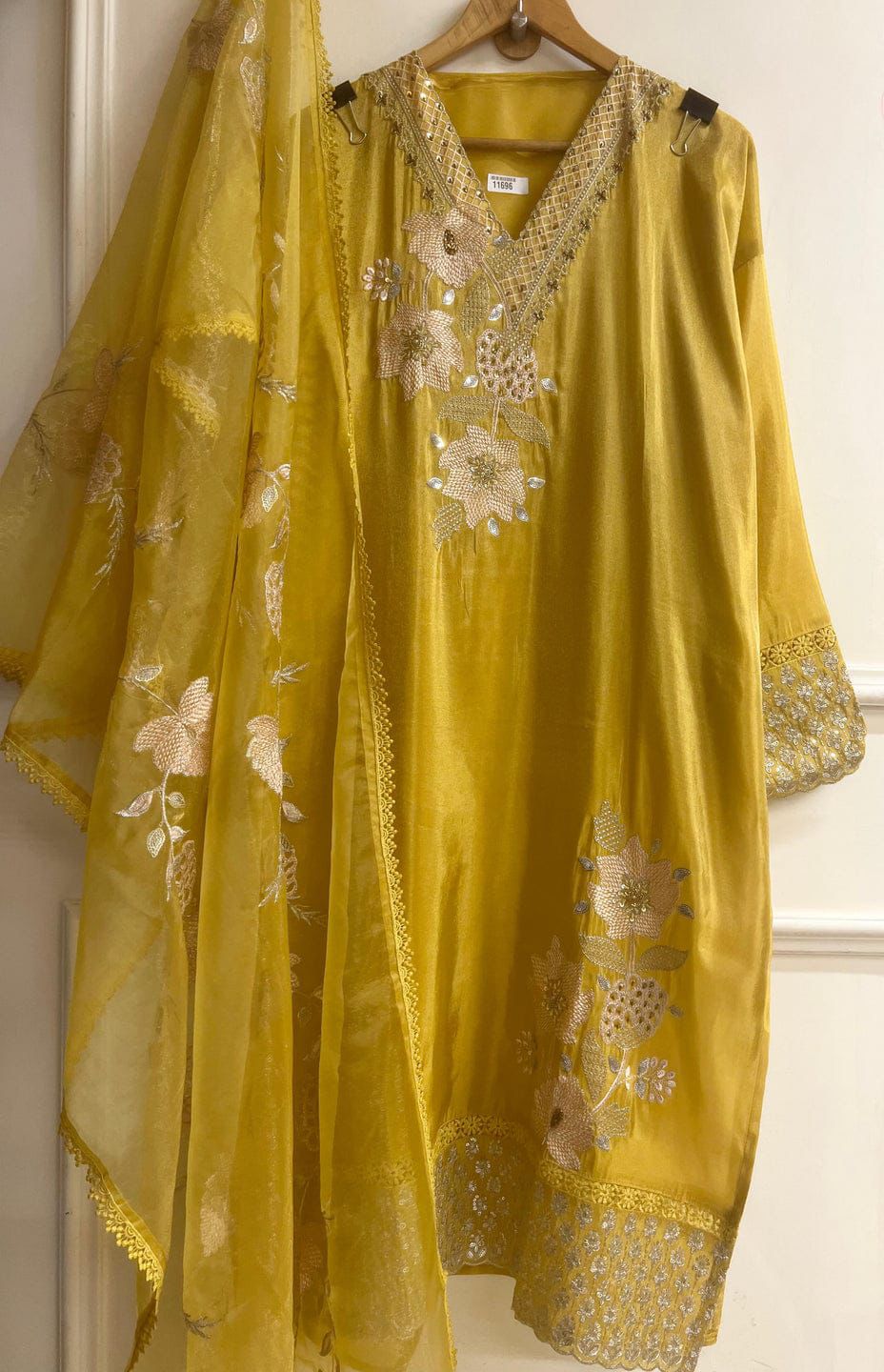 Yellow Tissue Shimmer Silk Semi Stitched Hand Embroidered -Set Of 3-