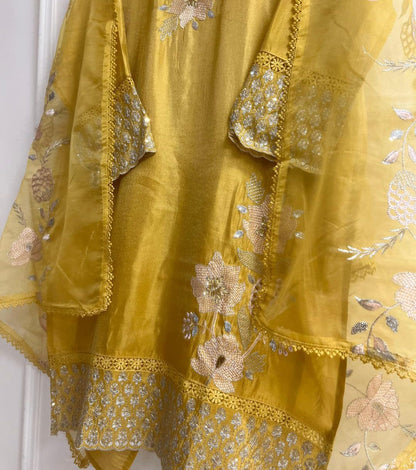 Yellow Tissue Shimmer Silk Semi Stitched Hand Embroidered -Set Of 3-