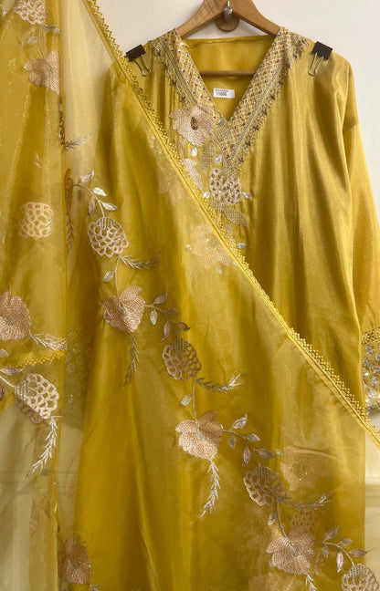 Yellow Tissue Shimmer Silk Semi Stitched Hand Embroidered -Set Of 3-
