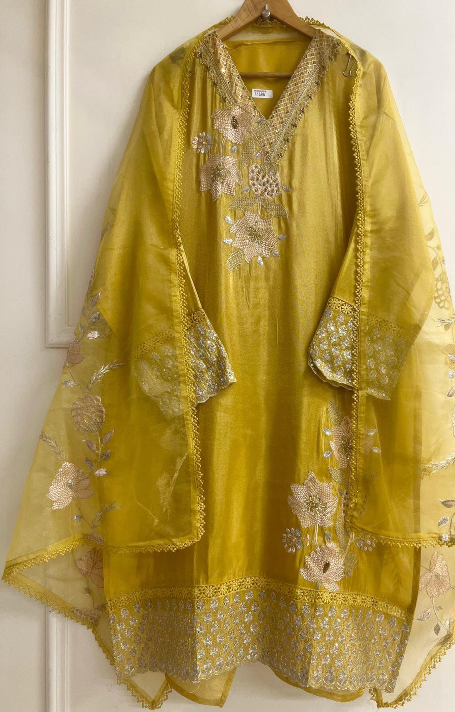 Yellow Tissue Shimmer Silk Semi Stitched Hand Embroidered -Set Of 3-