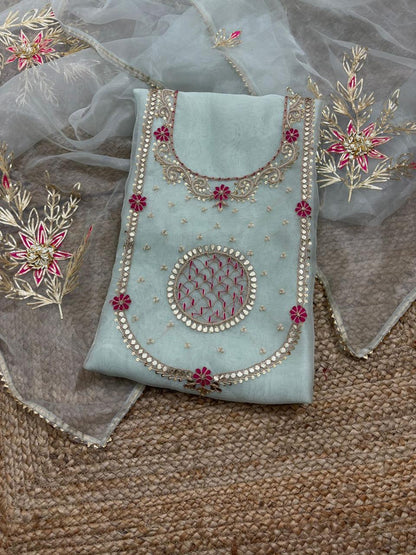Beige Green Blue White Pink Organza Unstitched Set