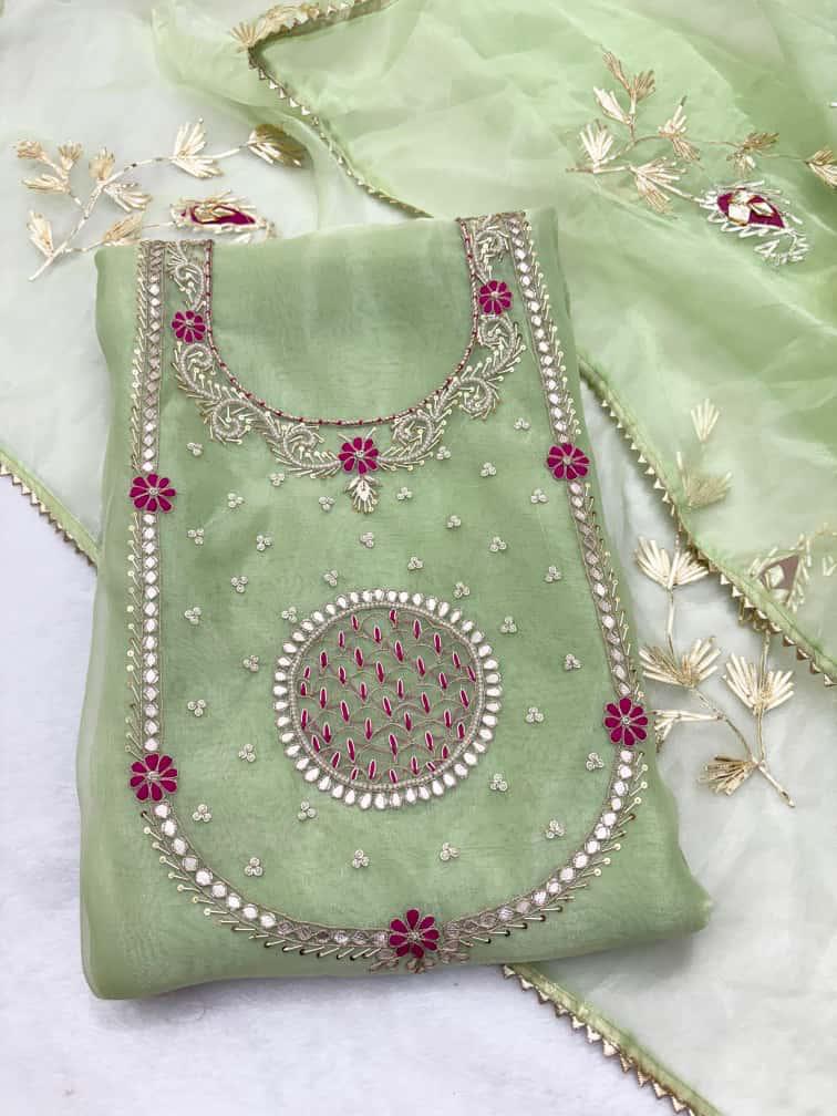 Beige Green Blue White Pink Organza Unstitched Set