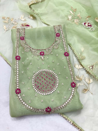 Beige Green Blue White Pink Organza Unstitched Set