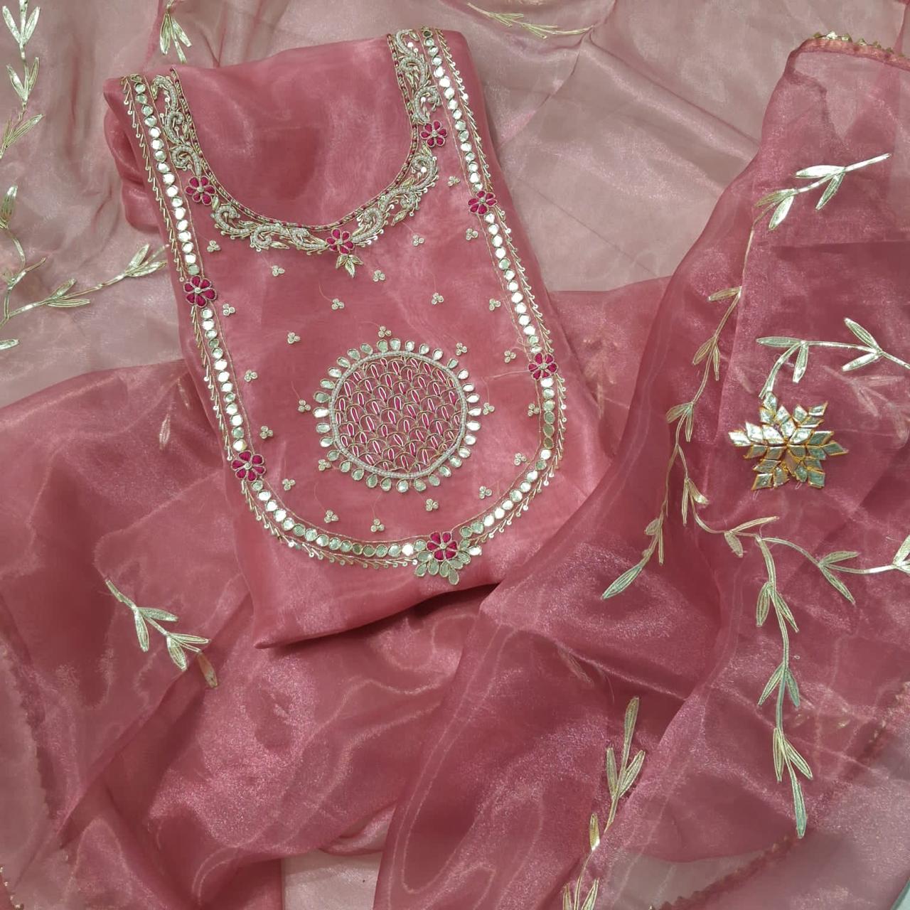 Beige Green Blue White Pink Organza Unstitched Set