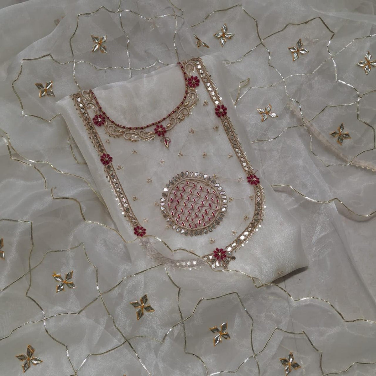 Beige Green Blue White Pink Organza Unstitched Set