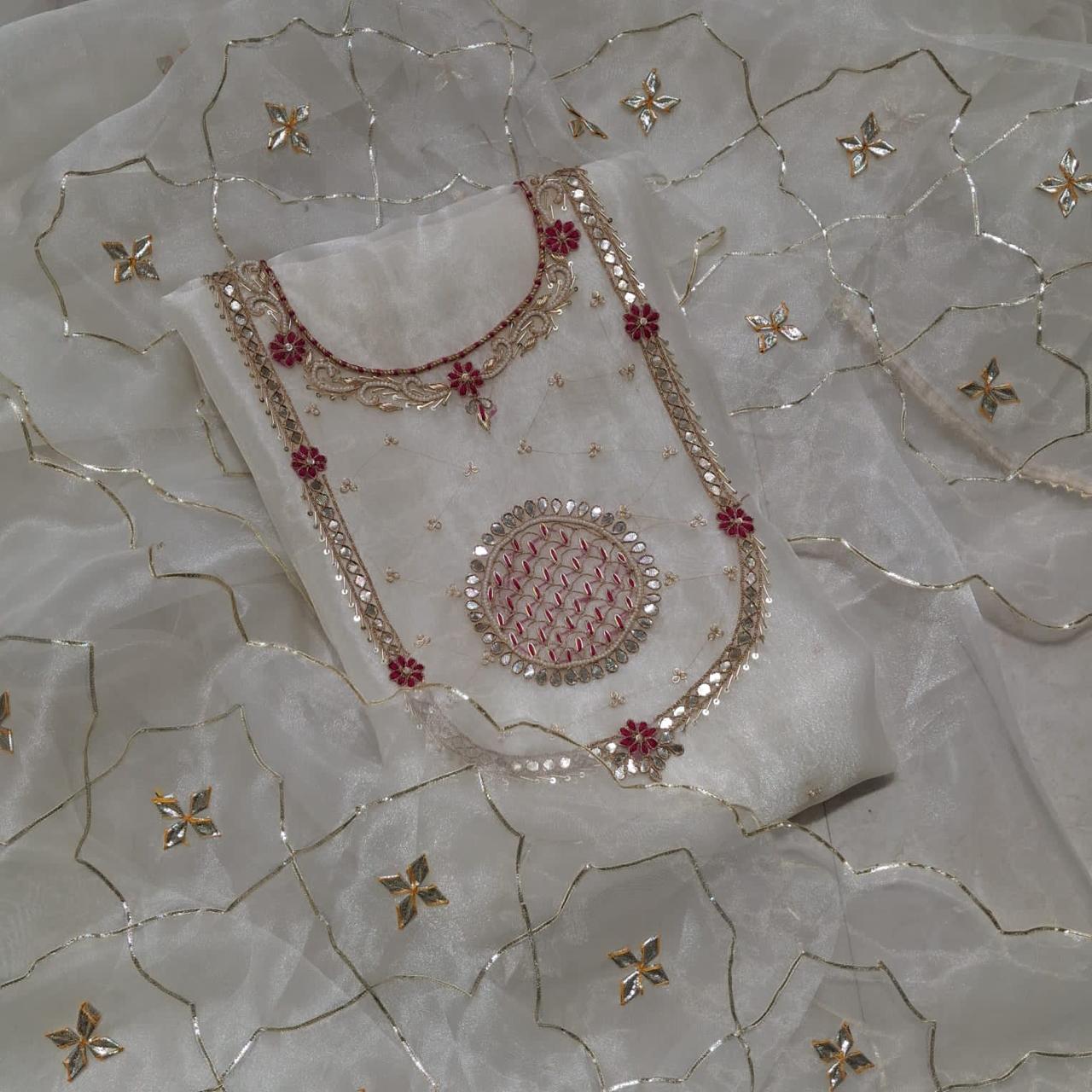 Beige Green Blue White Pink Organza Unstitched Set