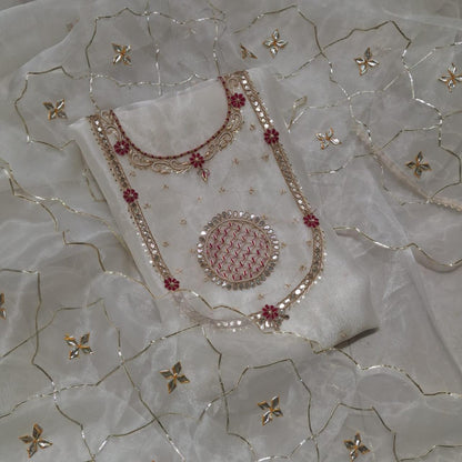 Beige Green Blue White Pink Organza Unstitched Set