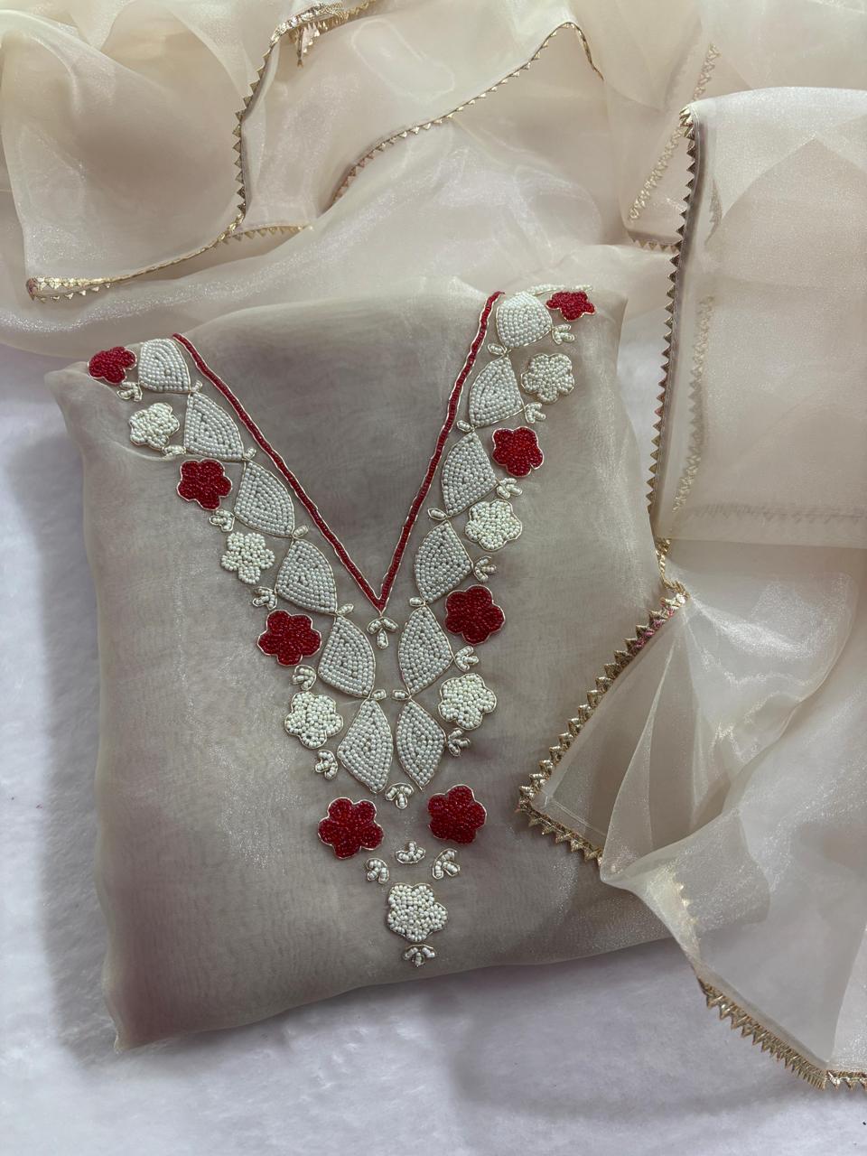 Navy Beige Red Blue Organza with pearl work