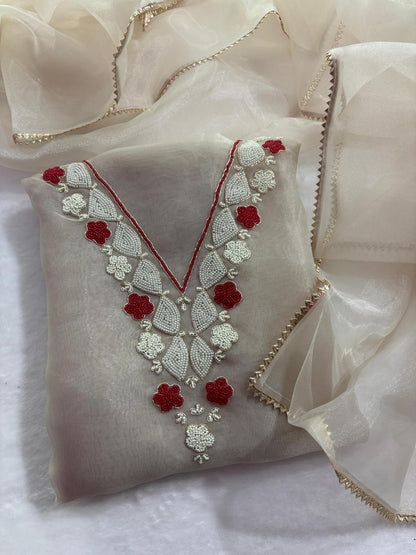 Navy Beige Red Blue Organza with pearl work