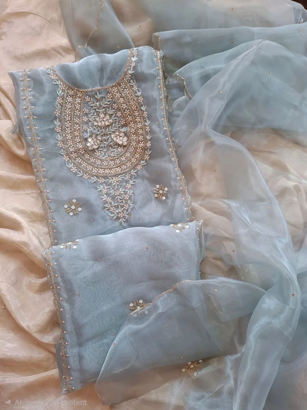 Organza handwork unstitched suit set