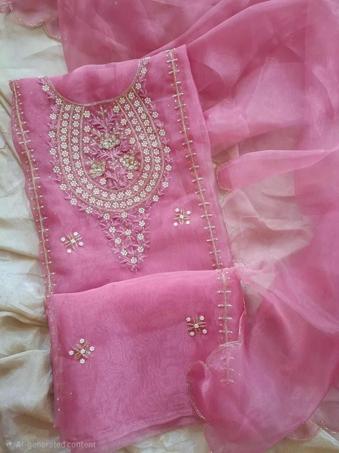 Organza handwork unstitched suit set