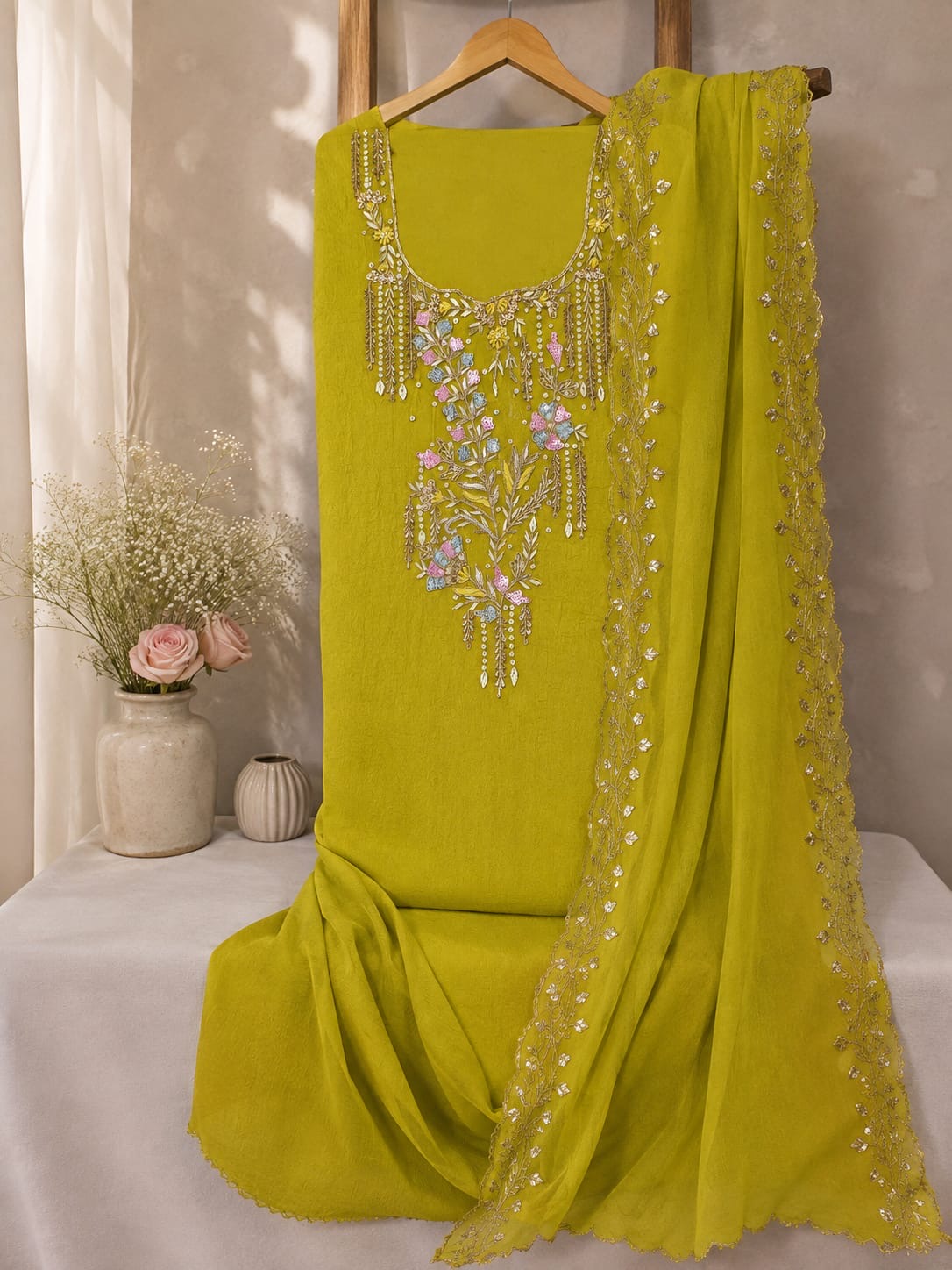 Crepe crush tissue new fabric jardoz work kurta with crepe crush gotta cut work dupatta