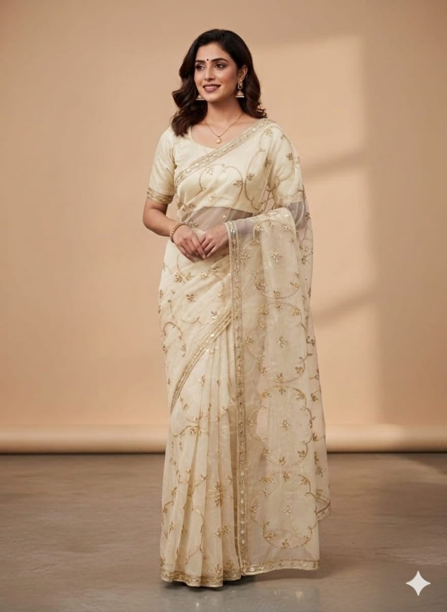 Organza saree with hand patti work