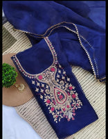 Organza Blue Orange Green handwork unstitched suit set