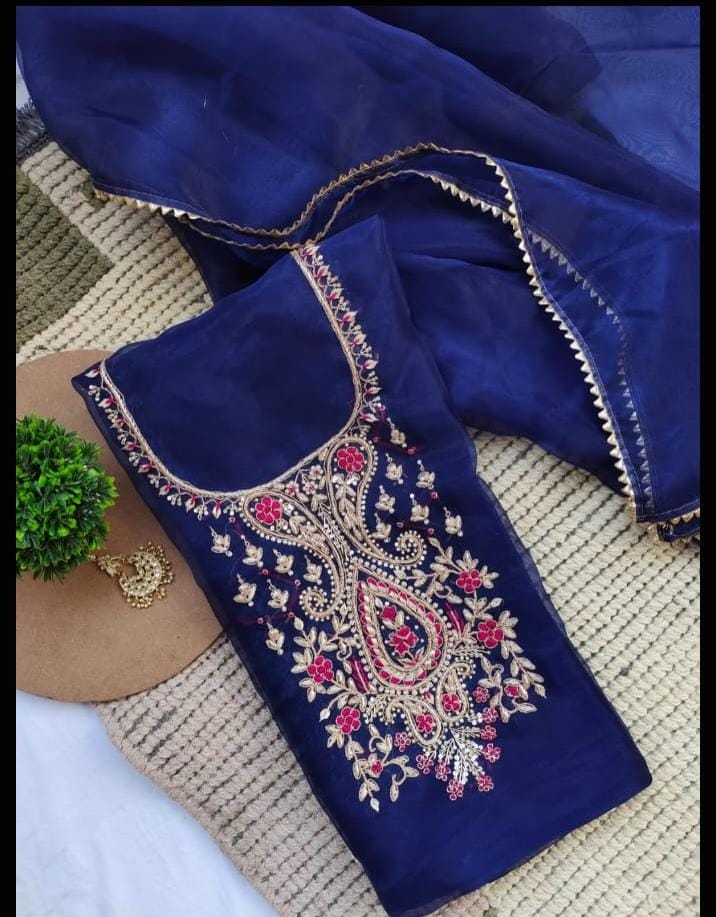 Organza Blue Orange Green handwork unstitched suit set