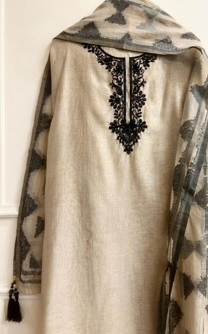 Beige Mul Chanderi Embroidered Unstitched 3-Piece Suit