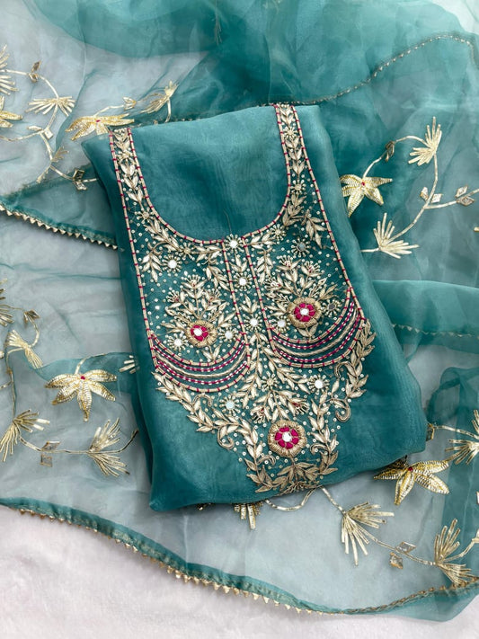 Green Organza Unstitched Suit set