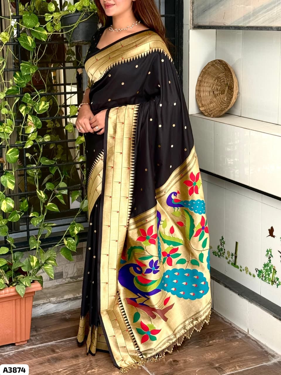 Black Paithani with latkan lace