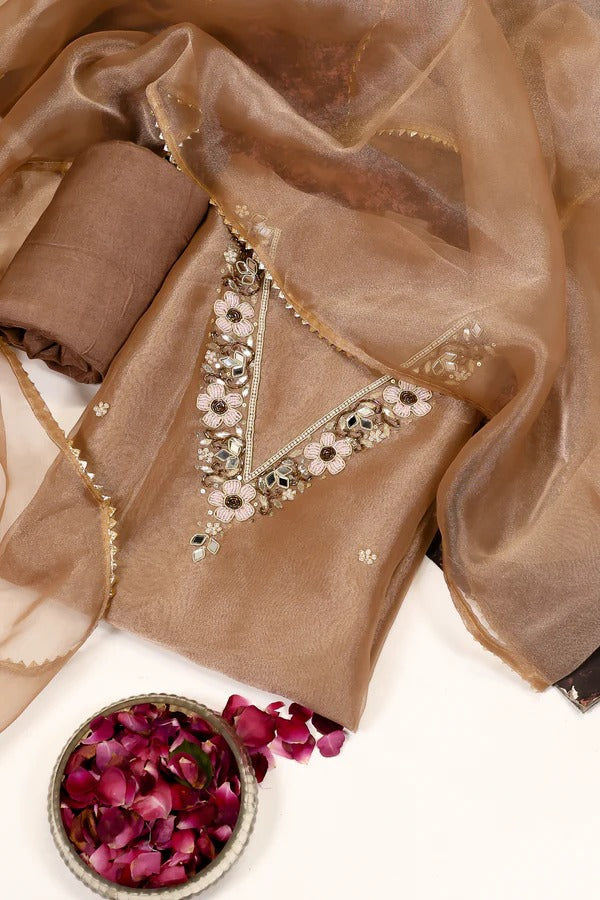 Organza beige pearl work unstitched suit set