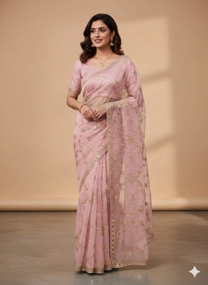 Organza saree with hand patti work